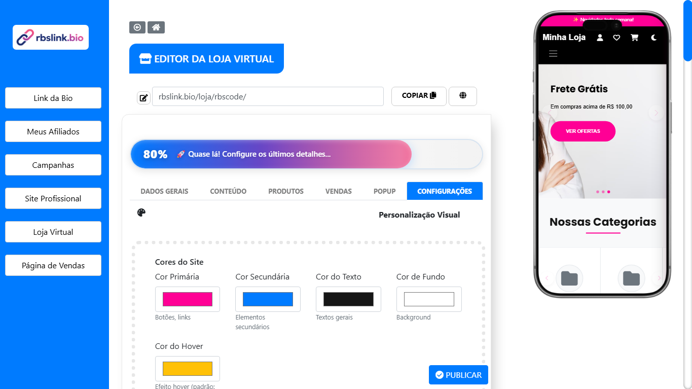 Print do painel da Loja no Ecossistema RBSlink.bio