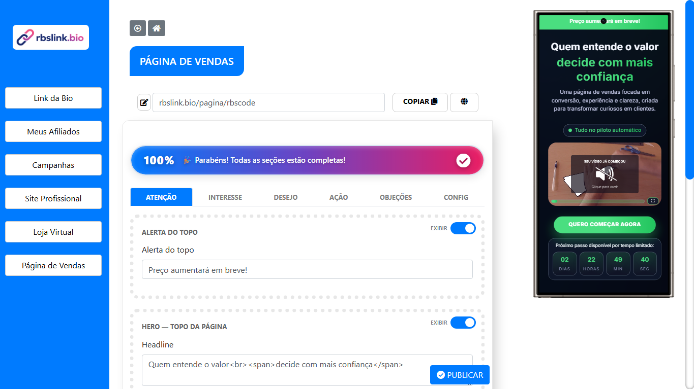 Print do painel da Página de vendas no Ecossistema RBSlink.bio