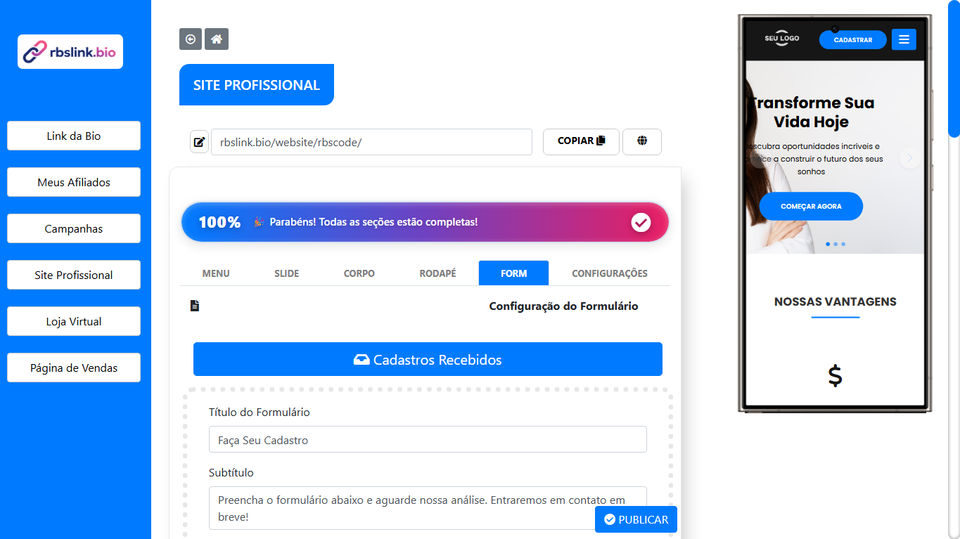 Print do painel do Website no Ecossistema RBSlink.bio